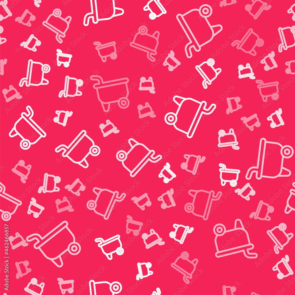 White line Wheelbarrow icon isolated seamless pattern on red background. Tool equipment. Agriculture cart wheel farm. Vector White line Wheelbarrow icon isolated seamless pattern on red background. Tool equipment. Agriculture cart wheel farm. Vector