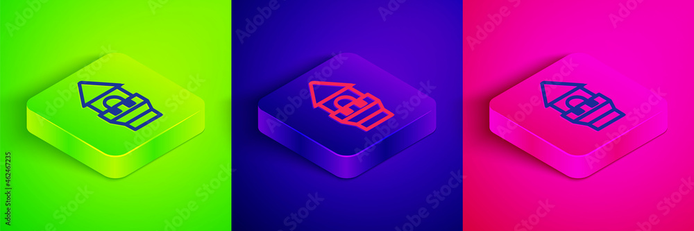 Isometric line Castle tower icon isolated on green, blue and pink background. Fortress sign. Square button. Vector Isometric line Castle tower icon isolated on green, blue and pink background. Fortress sign. Square button. Vector
