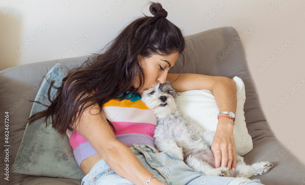 Young Woman Hugging and Kissing her White Havanese Dog at Home Young Woman Hugging and Kissing her White Havanese Dog at Home