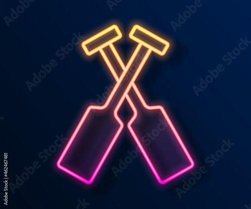 Glowing neon line Crossed oars or paddles boat icon isolated on black background. Vector