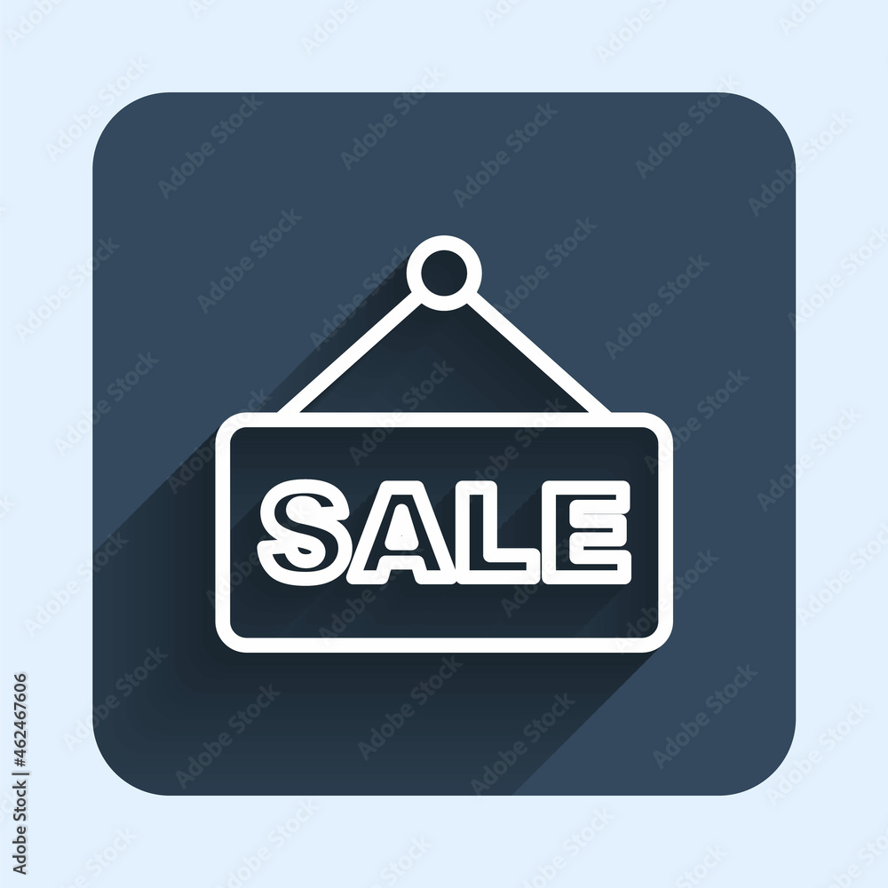 White line Hanging sign with text Sale icon isolated with long shadow background. Signboard with text Sale. Blue square button. Vector White line Hanging sign with text Sale icon isolated with long shadow background. Signboard with text Sale. Blue square button. Vector