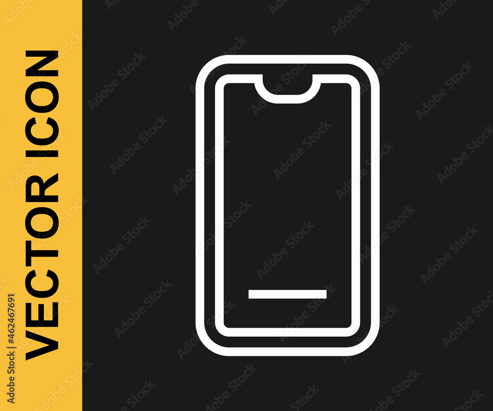White line Food ordering on mobile icon isolated on black background. Order by mobile phone. Restaurant food delivery concept. Vector White line Food ordering on mobile icon isolated on black background. Order by mobile phone. Restaurant food delivery concept. Vector