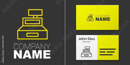 Logotype line Cash register machine with a check icon isolated on grey background. Cashier sign. Cashbox symbol. Logo design template element. Vector