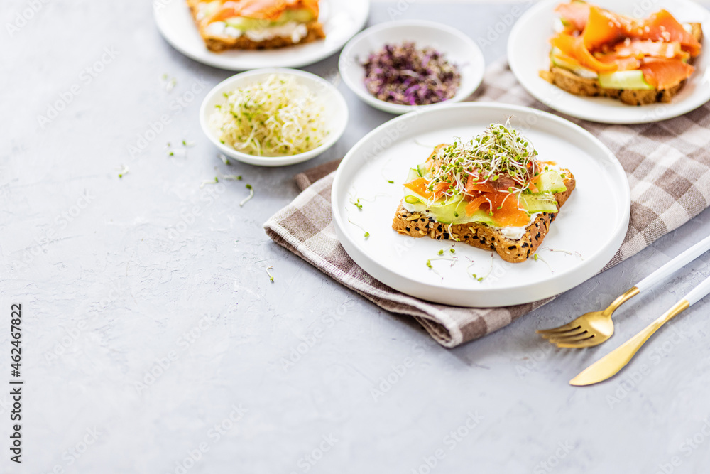 Flat lay top view of healthy sandwich with smoked salmon, cucumber, cream cheese and fresh microgreens alfalfa sprouts on white plate on gray concrete background. Healthy lifestyle. Growing sprouts