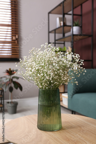 Beautiful gypsophila flowers in vase on table indoors