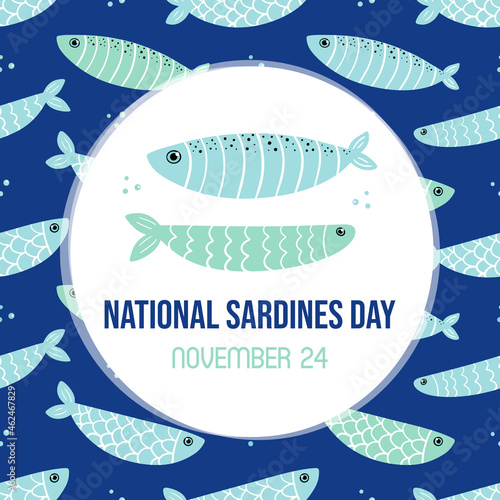 National Sardines Day greeting card, illustration with cute fishes and seamless pattern background. November 24.