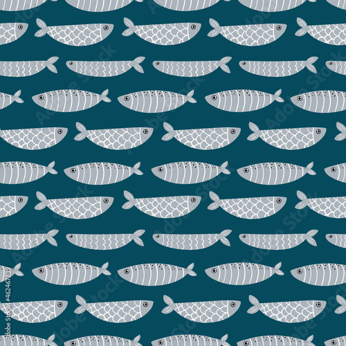 Cute sardines, silver fishes vector seamless pattern background for sea life and food design.
