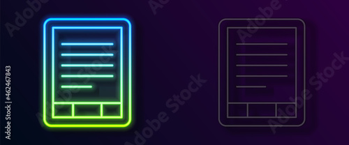 Glowing neon line E-Book reader icon isolated on black background. Vector