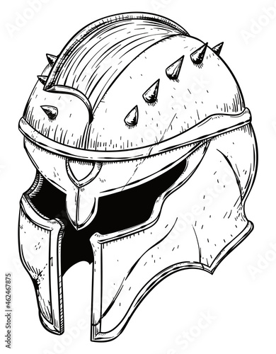 Drawing of an Ancient Helmet Decorated with Spikes, Vector Illustration