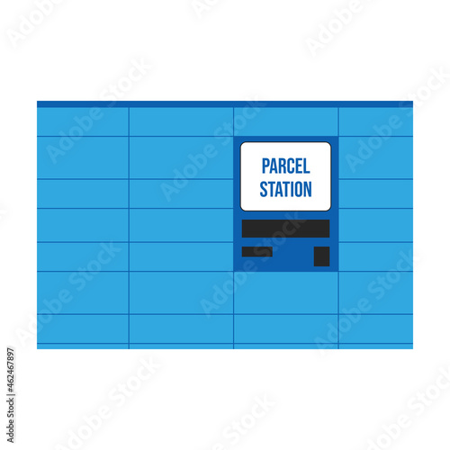 Blue parcel station, parcel locker, postamat with display vector icon, illustration for contactless delivery design.