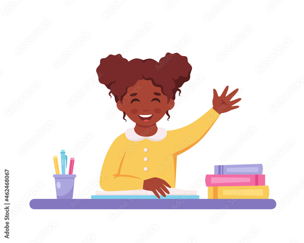 Girl raising hand to answer. Child sitting at a desk with school supplies. Elementary school student. Vector illustration