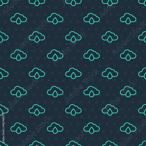Green line Cloud with rain icon isolated seamless pattern on blue background. Rain cloud precipitation with rain drops. Vector