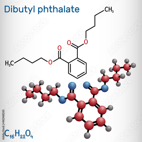 Dibutyl phthalate, DBP molecule. It is phthalate ester, diester. It is environmental contaminant, teratogenic agent, plasticiser. Structural chemical formula, molecule model. photo