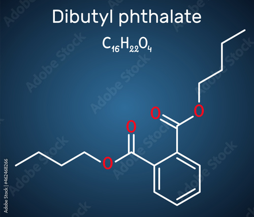 Dibutyl phthalate, DBP molecule. It is phthalate ester, diester. It is environmental contaminant, teratogenic agent, plasticiser. Structural chemical formula on the dark blue background