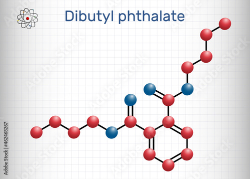 Dibutyl phthalate, DBP molecule. It is phthalate ester, diester. It is environmental contaminant, teratogenic agent, plasticiser. Structural chemical formula. Sheet of paper in a cage photo