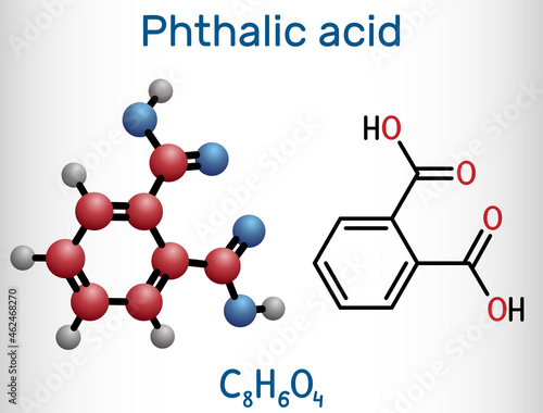 Phthalic acid, benzenedicarboxylic acid molecule. It is aromatic dicarboxylic acid. Structural chemical formula and molecule model. Vector illustration photo