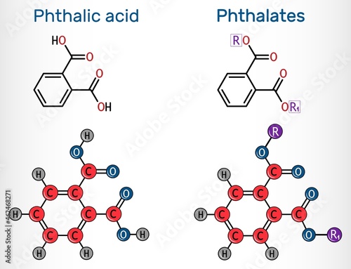 Phthalic acid (ortho-phthalic acid) and phthalates (orthophthalate)molecule. Structural chemical formula and molecule model. Vector illustration