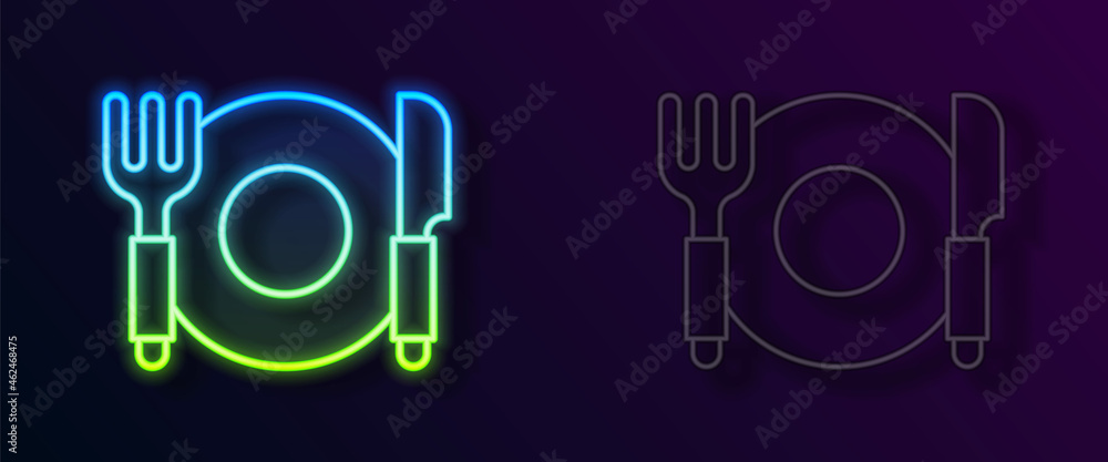 Glowing neon line Plate, fork and knife icon isolated on black background. Cutlery symbol. Restaurant sign. Vector Glowing neon line Plate, fork and knife icon isolated on black background. Cutlery symbol. Restaurant sign. Vector