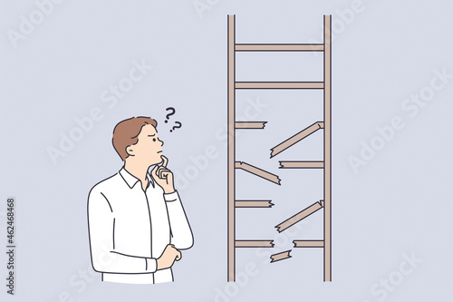 Frustration, business strategy, doubt concept. Young frustrated businessman cartoon character standing looking at broken ladder feeling not confident vector illustration 