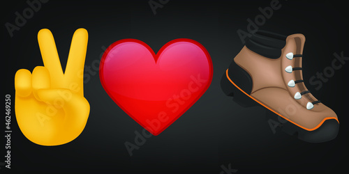 Peace Love and Hiking Illustration Emoji Design. Motivational Quote Emoticon Vector Symbol.