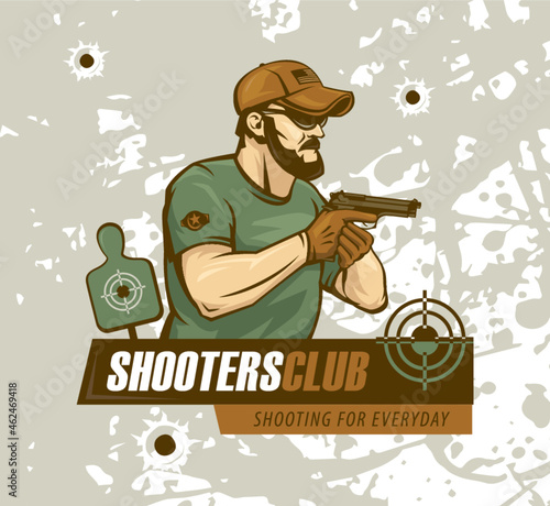 Soldier special forces shooter holds a gun on the background of the target. Illustration of a military logo.