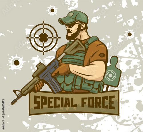 Special forces soldier holds a machine gun against the background of targets. Logo illustration of the military.