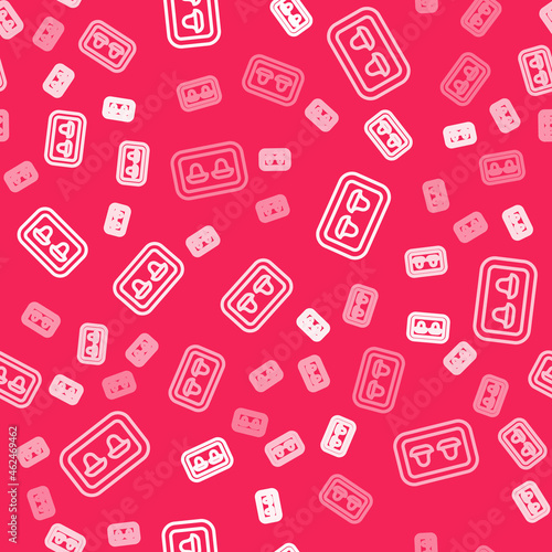 White line Earplugs with storage box icon isolated seamless pattern on red background. Ear plug sign. Noise symbol. Sleeping quality concept. Vector