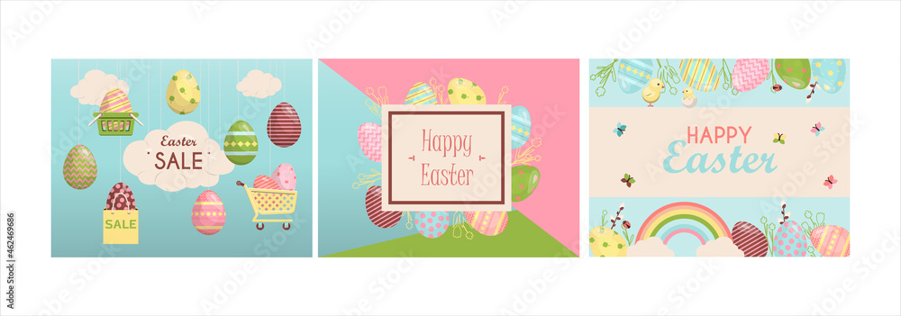 A set of brightly, colorful easter banners with eggs. Vector illustration with a happy Easter wish. Banner for sale. Template for a postcard, invitation, ad or banner. Christian holiday.