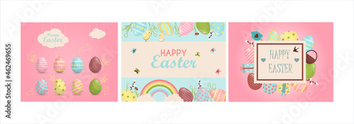 A set of brightly, colorful easter banners with eggs. Vector illustration with a happy Easter wish. Banner for sale. Template for a postcard, invitation, ad or banner. Christian holiday.