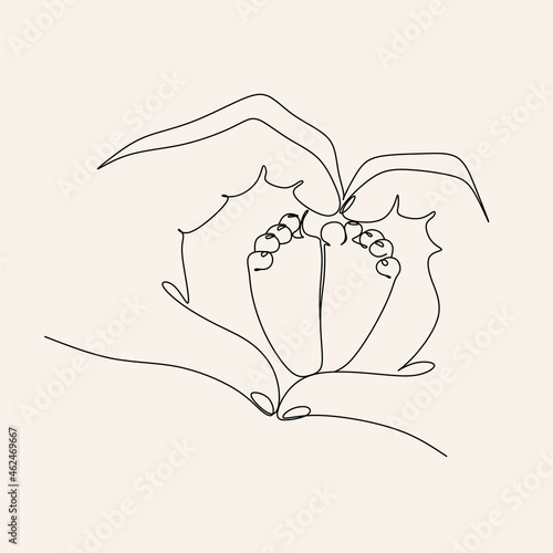 Woman Line drawing vector. Pregnant woman and motherhood Line art. Baby legs in mother hands photo