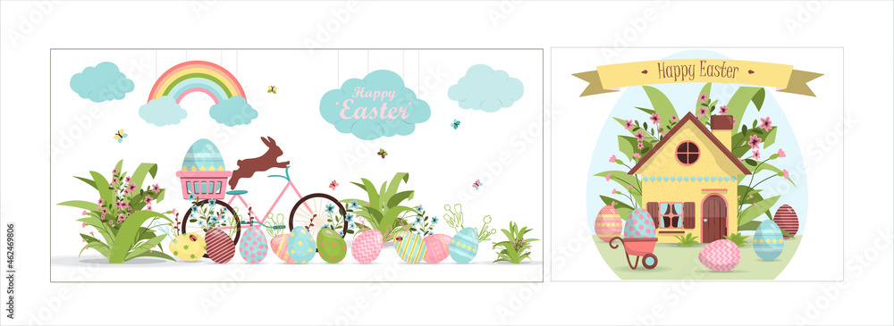 A set of brightly, colorful easter banners with eggs. Vector illustration with cute houses. Banner for sale. Template for a postcard, invitation, ad or banner. Christian holiday. A set of brightly, colorful easter banners with eggs. Vector illustration with cute houses. Banner for sale. Template for a postcard, invitation, ad or banner. Christian holiday.