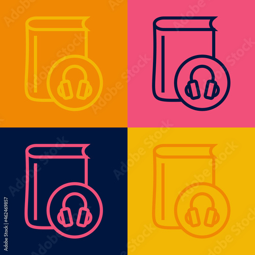 Pop art line Audio book icon isolated on color background. Book with headphones. Audio guide sign. Online learning concept. Vector