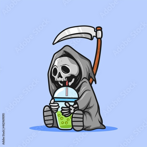 Cute cartoon grim reaper with sickle and drinking boba green tea . Cute Halloween skeleton death character icon