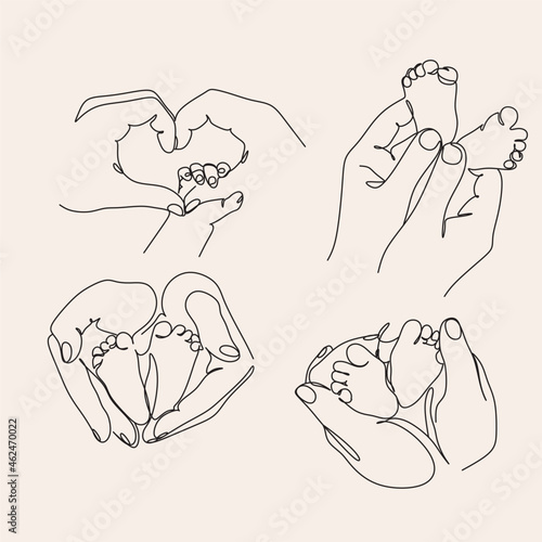 Woman Line drawing vector. Pregnant woman and motherhood Line art. Baby legs in mother hands