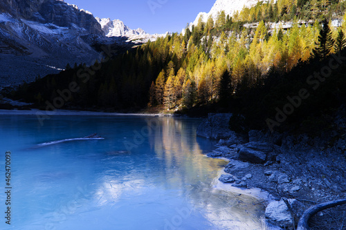 The frozen Sorapiss lake, Dolimiti mountains, Italy photo