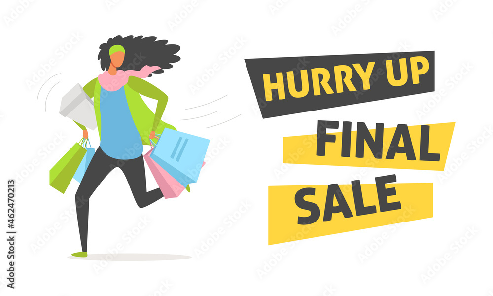Naklejka premium Big sale concept, black friday. Happy woman rushes to the sale to buy more in time. Vector flat illustration.