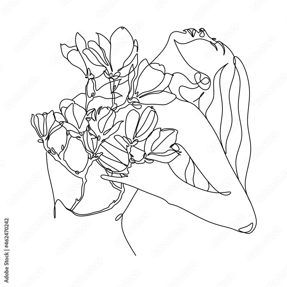 Sketch of a sexy woman blooming. Flowers grow from female body line art