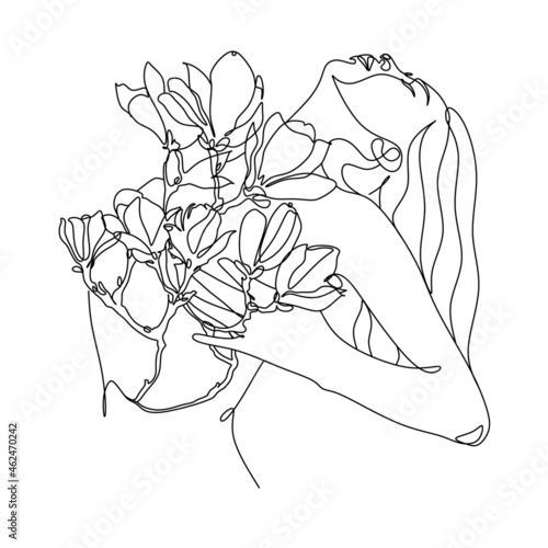 Sketch of a sexy woman blooming. Flowers grow from female body line art. Surreal female illustration. Woman line drawing