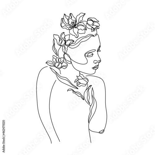 Sketch of a sexy woman blooming. Flowers grow from female body line art. Surreal female illustration. Woman line drawing