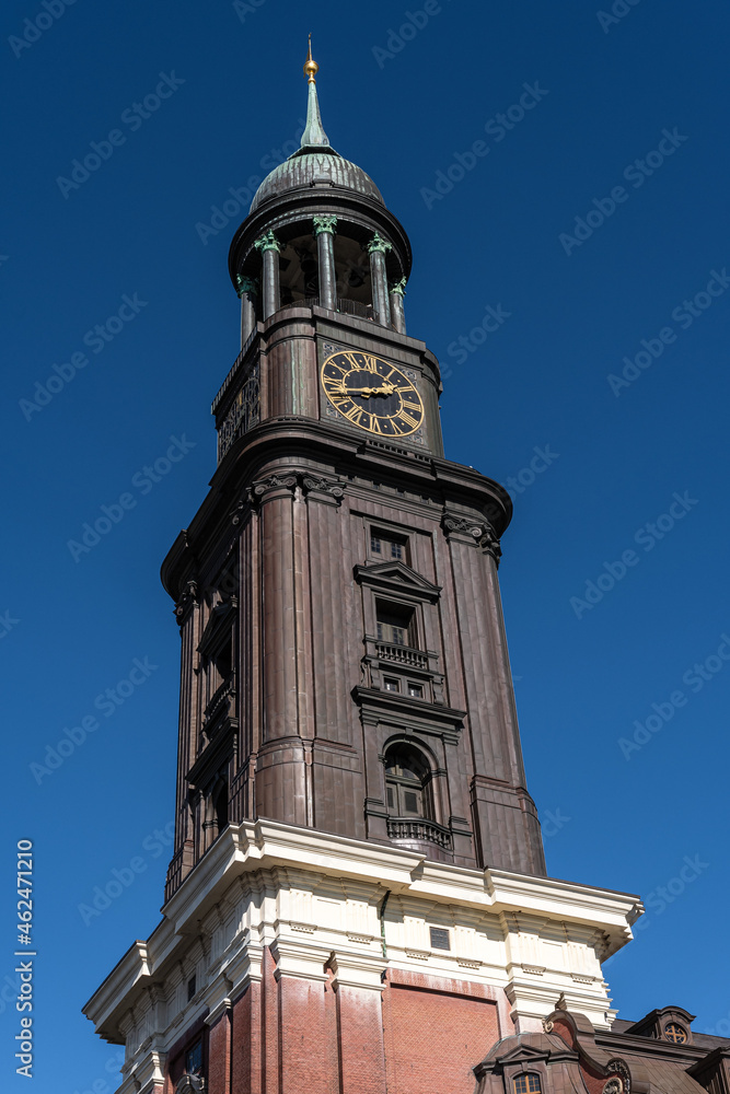 Tower of St. Michael's Church, Hamburg, Germany, (German: Hauptkirche Sankt Michaelis, colloquially called Michel)
