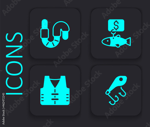Set Fishing lure, Worm, Price tag for fish and jacket icon. Black square button. Vector