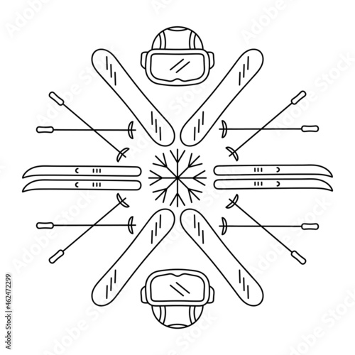Coloring pages on winter sports, mandala for children. Skis, ski poles, snowboards, helmets.