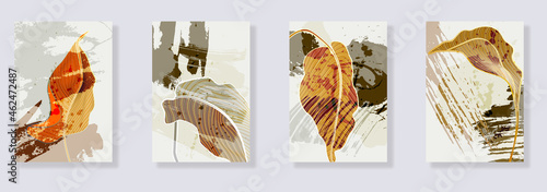 Trendy set of minimalist abstract leaves and abstract forms. Minimal botanical wall art. Mid century modern graphic. Plant art design for social media, blog post, print, cover, wallpaper. Vector