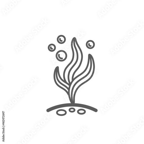 Vector linear aquarium algae with bubbles icon. Isolated pictogram with a water plant on a white background. Outline sign for web