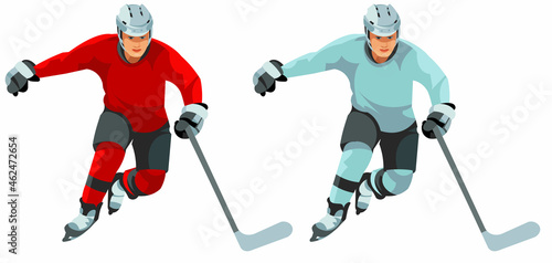 A hockey player with a stick in a red and light sports uniform and a hockey helmet is skating on ice