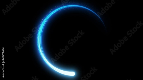 Blue neon light trail circle on black background. Endless circular pattern.Glitter magic spell effect. Light streaks with shimmer.  Modern round frame with empty space for text for advertising, banner
