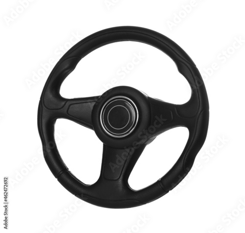 New black steering wheel isolated on white © New Africa
