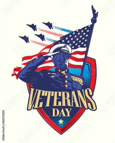 Old Soldier proudly saluting against USA Flag in shield. Veterans Day Illustration. saluting against USA Flag in shield. Veterans Day Illustration. Honorin all who served.