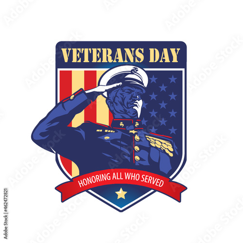 Old Soldier proudly saluting against USA Flag in shield. Veterans Day Illustration. saluting against USA Flag in shield. Veterans Day Illustration. Honorin all who served.