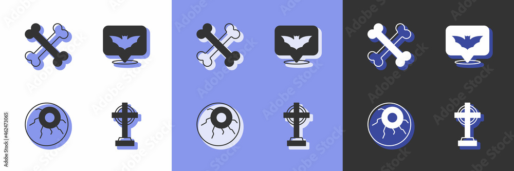 Set Tombstone with cross, Crossed bones, Eye and Flying bat icon. Vector Set Tombstone with cross, Crossed bones, Eye and Flying bat icon. Vector